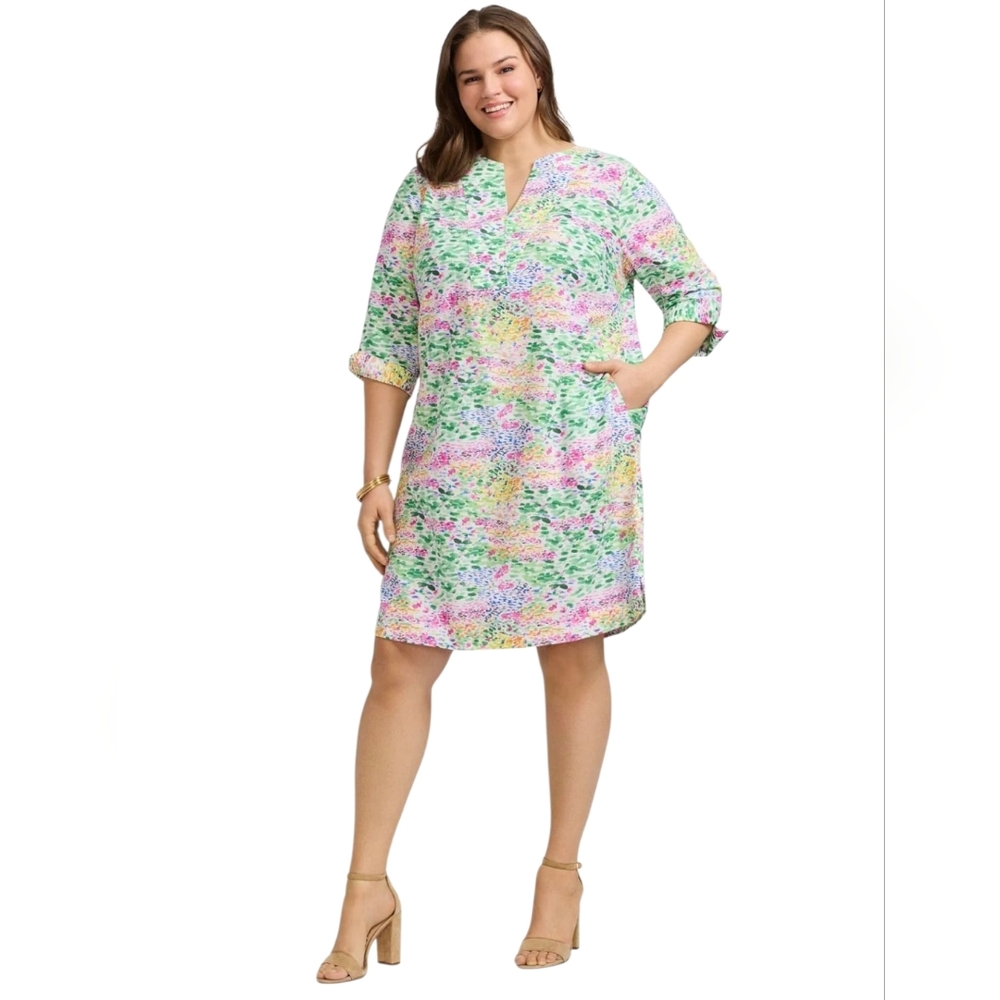 New Foxcroft Vena Plus Linen Impressionist Floral 3/4 Sleeve Dress